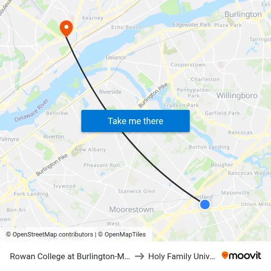 Rowan College at Burlington-Mt Laurel to Holy Family University map