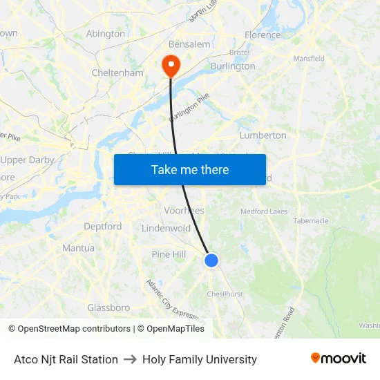 Atco Njt Rail Station to Holy Family University map