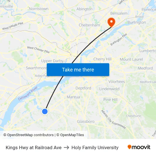 Kings Hwy at Railroad Ave to Holy Family University map