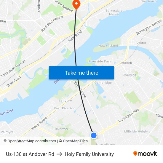 Us-130 at Andover Rd to Holy Family University map