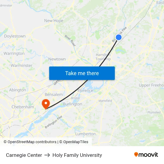Carnegie Center to Holy Family University map