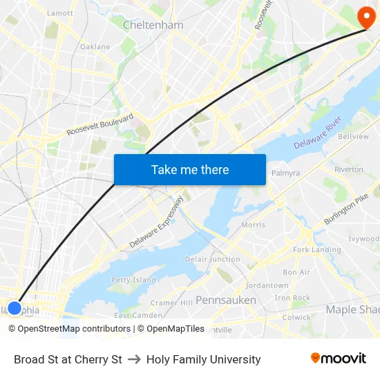 Broad St at Cherry St to Holy Family University map