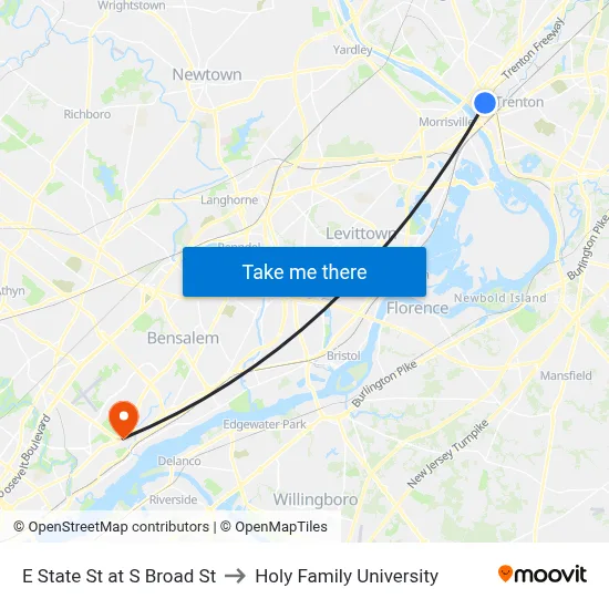E State St at S Broad St to Holy Family University map
