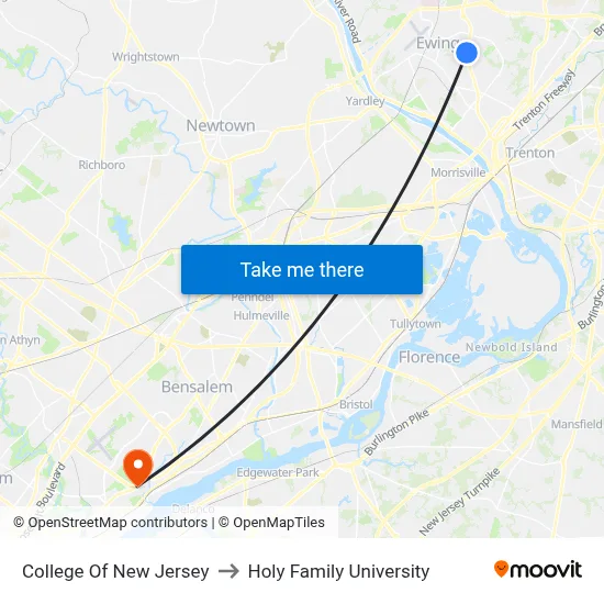 College Of New Jersey to Holy Family University map