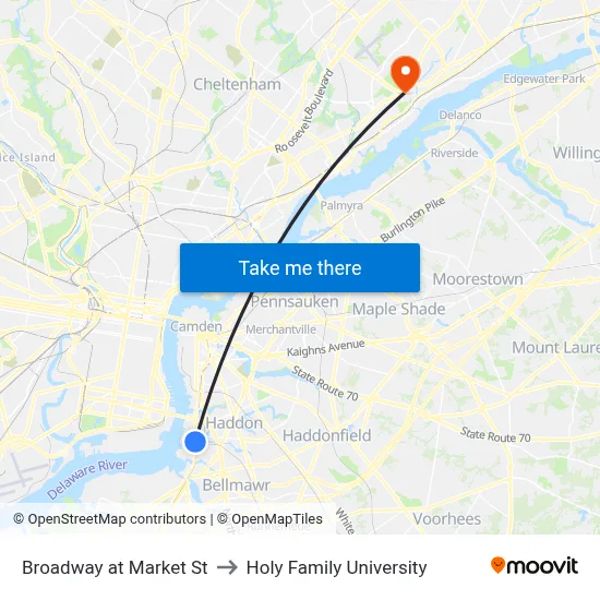 Broadway at Market St to Holy Family University map