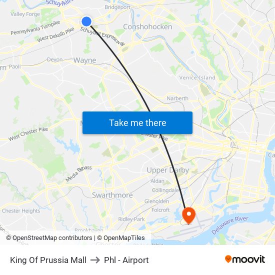 King Of Prussia Mall to Phl - Airport map