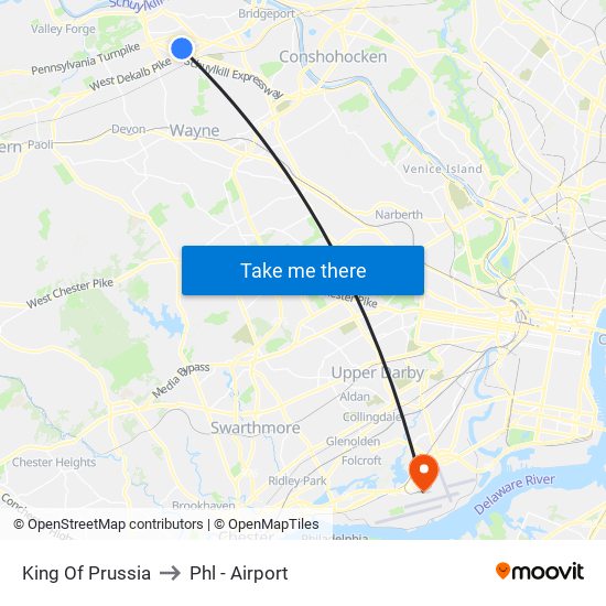 King Of Prussia to Phl - Airport map