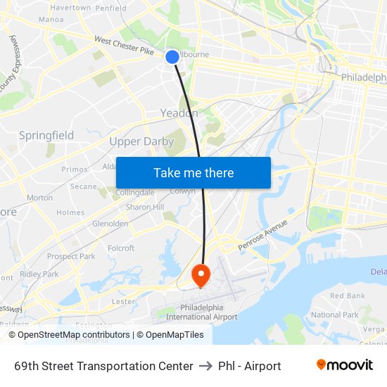 69th Street Transportation Center to Phl - Airport map