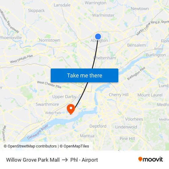 Willow Grove Park Mall to Phl - Airport map