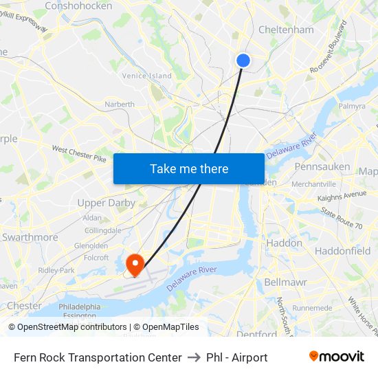 Fern Rock Transportation Center to Phl - Airport map