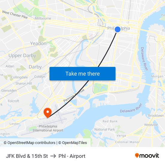 JFK Blvd & 15th St to Phl - Airport map