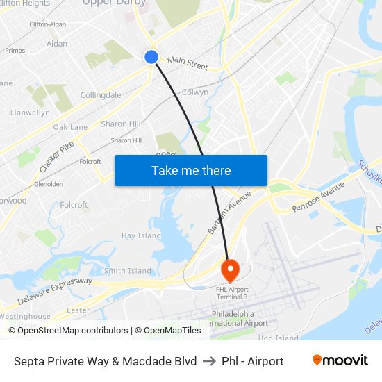 Septa Private Way & Macdade Blvd to Phl - Airport map