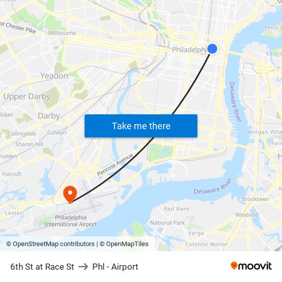 6th St at Race St to Phl - Airport map