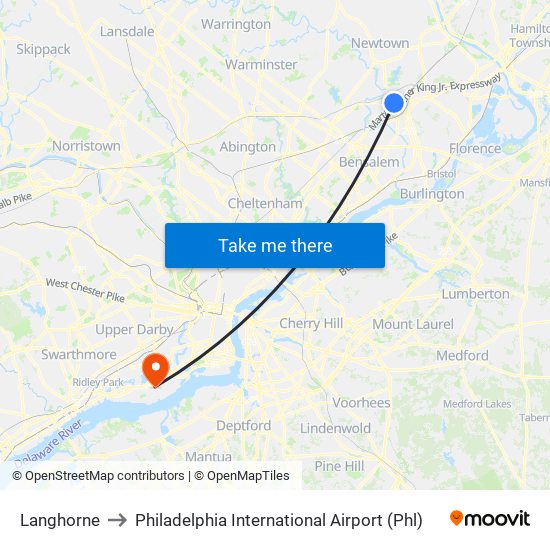 Langhorne to Philadelphia International Airport (Phl) map