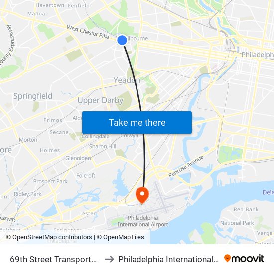 69th Street Transportation Center to Philadelphia International Airport (Phl) map