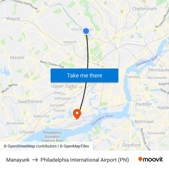Manayunk to Philadelphia International Airport (Phl) map