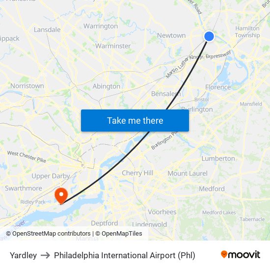 Yardley to Philadelphia International Airport (Phl) map