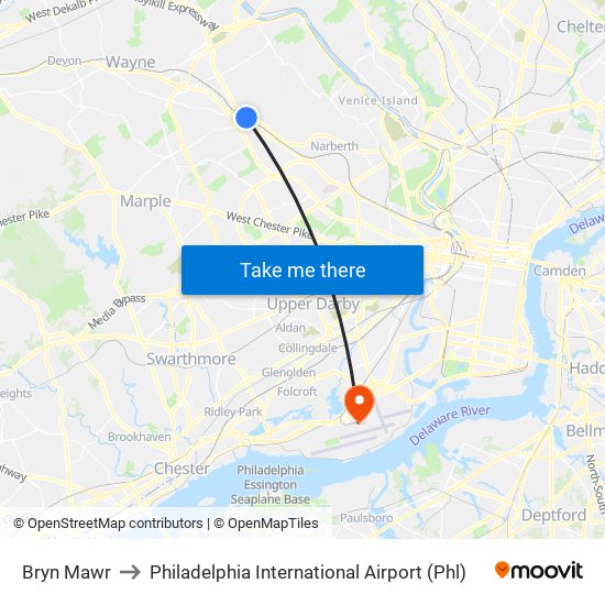 Bryn Mawr to Philadelphia International Airport (Phl) map