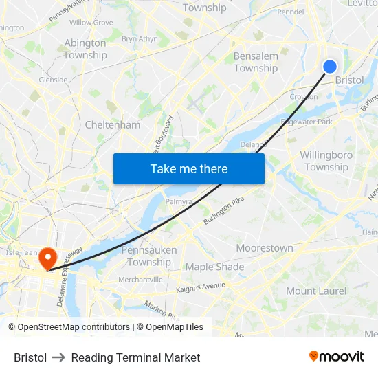 Bristol to Reading Terminal Market map