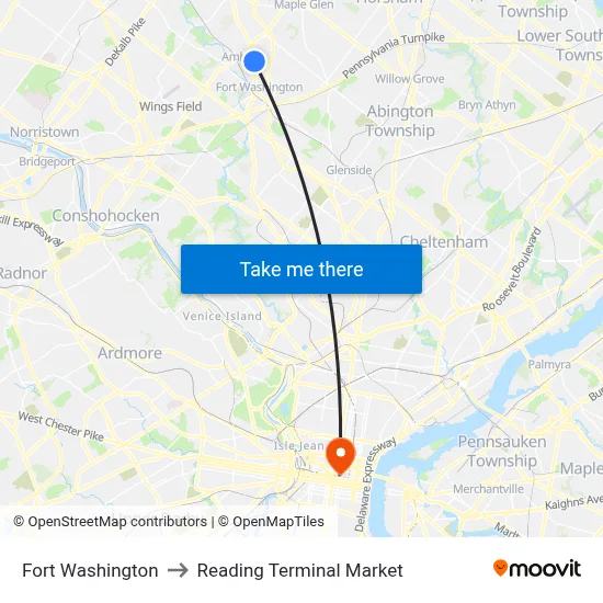 Fort Washington to Reading Terminal Market map