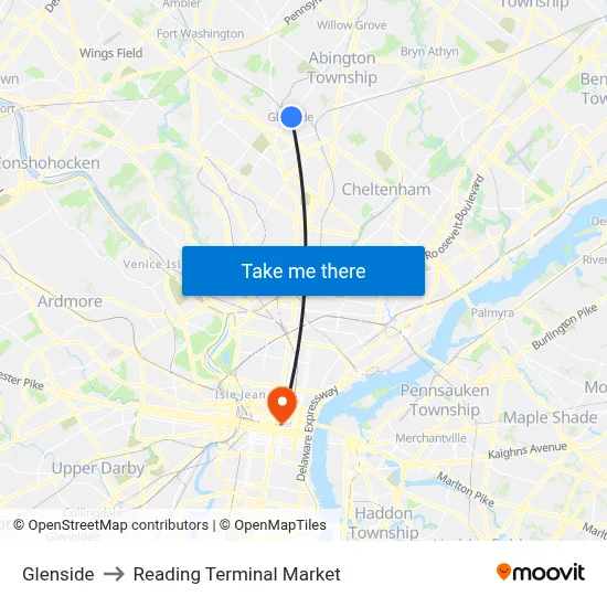 Glenside to Reading Terminal Market map