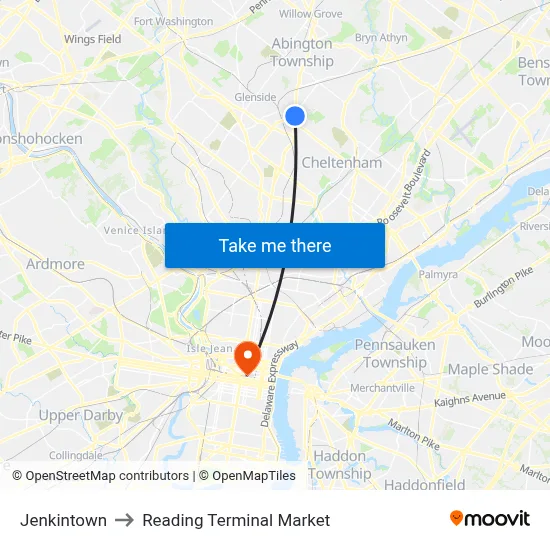 Jenkintown to Reading Terminal Market map