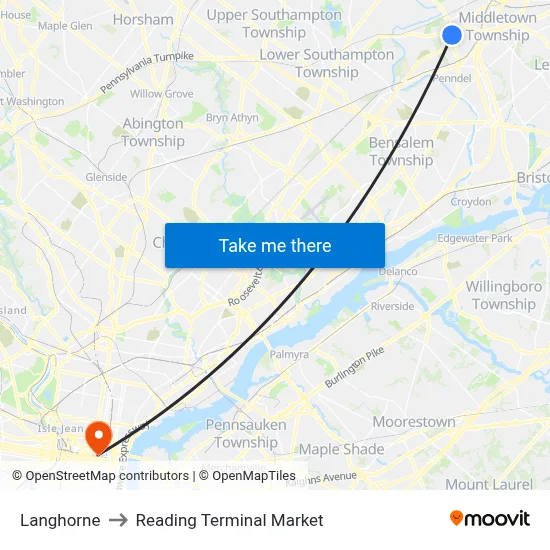 Langhorne to Reading Terminal Market map