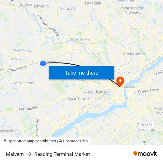 Malvern to Reading Terminal Market map