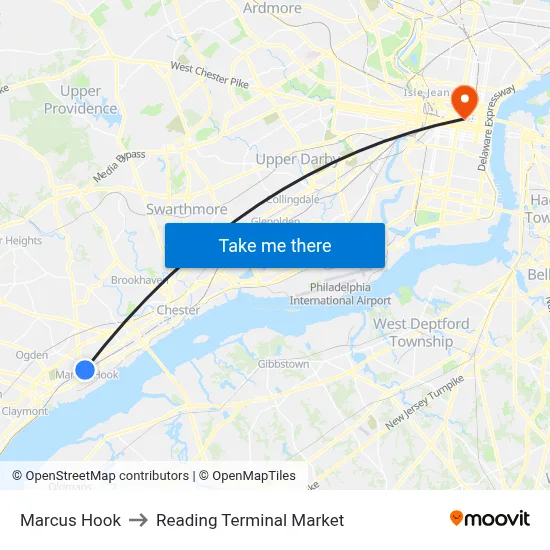 Marcus Hook to Reading Terminal Market map
