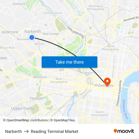Narberth to Reading Terminal Market map