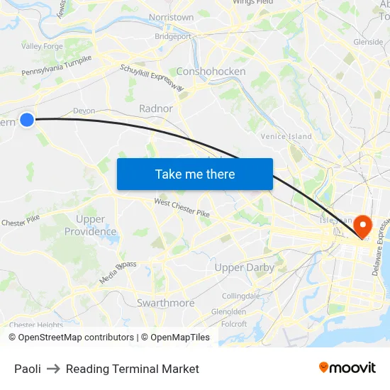 Paoli to Reading Terminal Market map