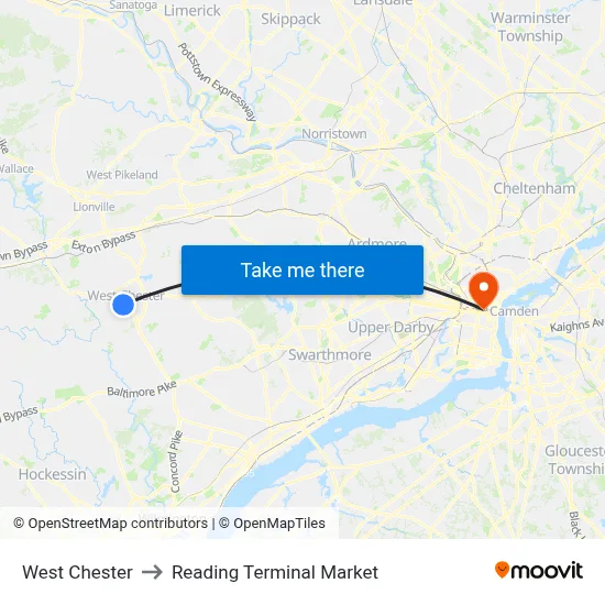 West Chester to Reading Terminal Market map