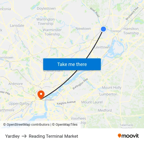Yardley to Reading Terminal Market map