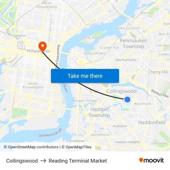 Collingswood to Reading Terminal Market map