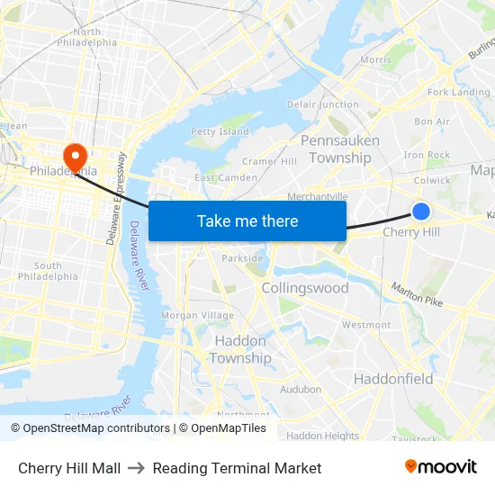 Cherry Hill Mall to Reading Terminal Market map