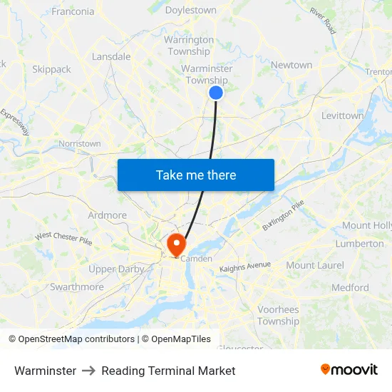 Warminster to Reading Terminal Market map