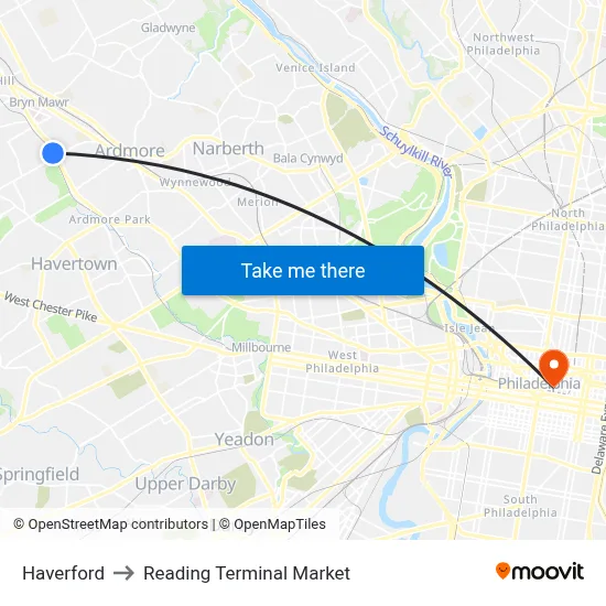 Haverford to Reading Terminal Market map