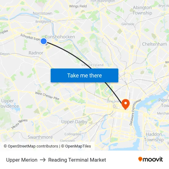 Upper Merion to Reading Terminal Market map