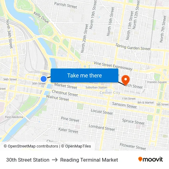 30th Street Station to Reading Terminal Market map