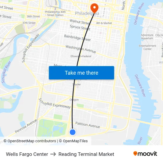 Wells Fargo Center to Reading Terminal Market map