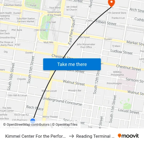 Kimmel Center For the Performing Arts to Reading Terminal Market map