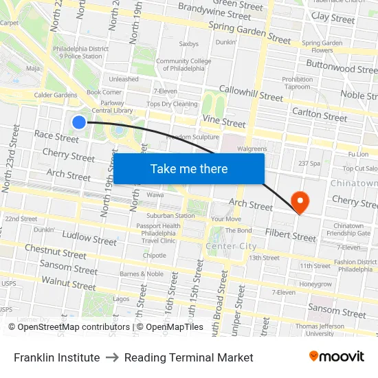 Franklin Institute to Reading Terminal Market map
