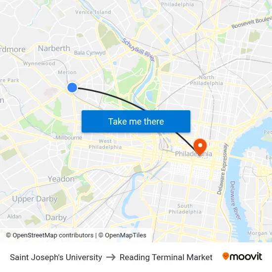 Saint Joseph's University to Reading Terminal Market map
