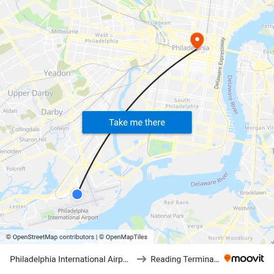 Philadelphia International Airport Terminal D to Reading Terminal Market map