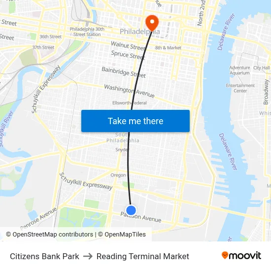 Citizens Bank Park to Reading Terminal Market map