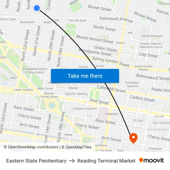 Eastern State Penitentiary to Reading Terminal Market map