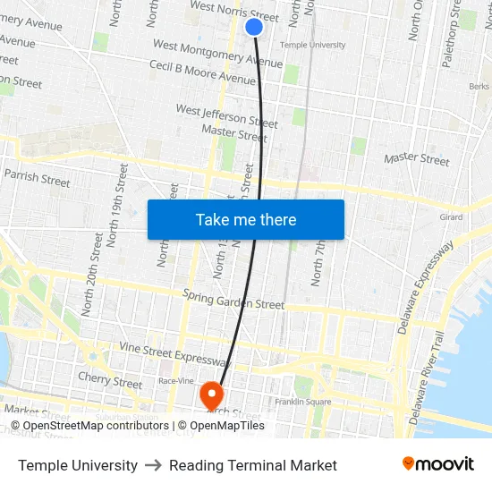 Temple University to Reading Terminal Market map