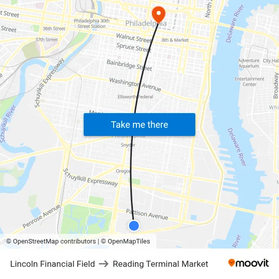 Lincoln Financial Field to Reading Terminal Market map