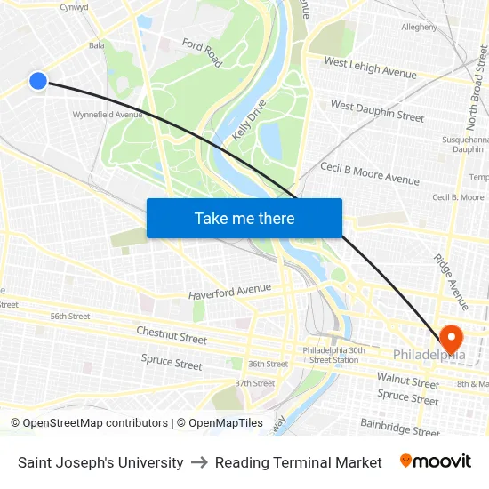 Saint Joseph's University to Reading Terminal Market map