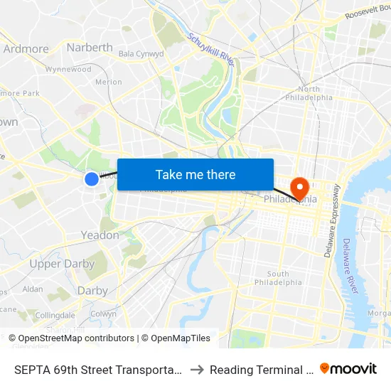 SEPTA 69th Street Transportation Center to Reading Terminal Market map
